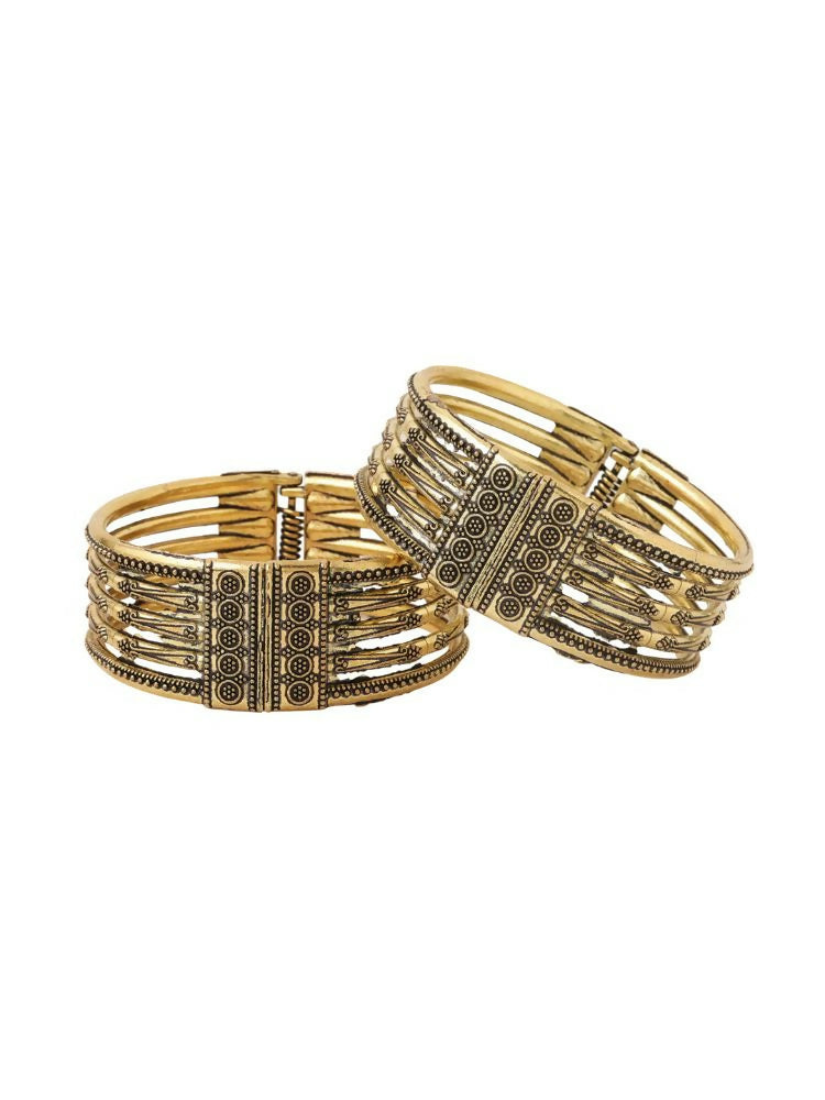 NVR Women Set of 2 Gold-Polished Oxidised Bangles | Grocsy