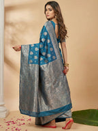 Shree Shyam Fashion Teal Blue Silk Blend Saree | Grocsy