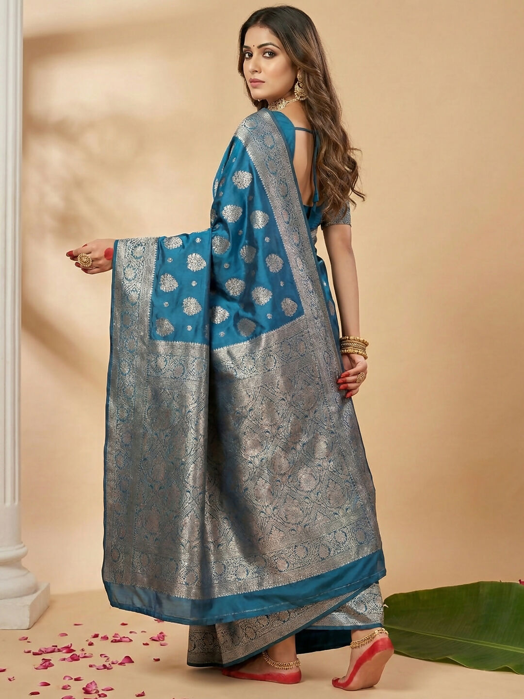 Shree Shyam Fashion Teal Blue Silk Blend Saree | Grocsy
