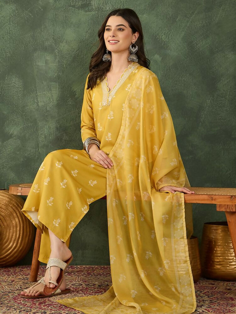 The52 Women's Gorgeous Rayon Fabric Printed Work Straight Kurta Pant and Dupatta Set | Grocsy