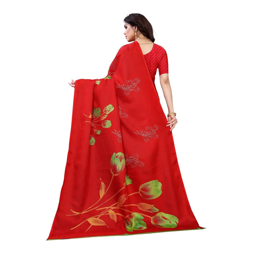 Vamika Printed Jute Silk Red Saree (Elisa Red) | Grocsy