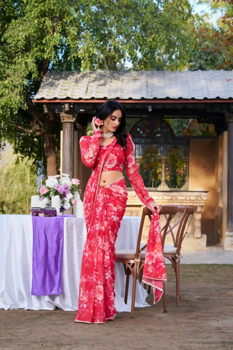 Vastranavya Red Weightless Marble Printed & Pearl Lace Border Saree with Unstitched Blouse | Grocsy
