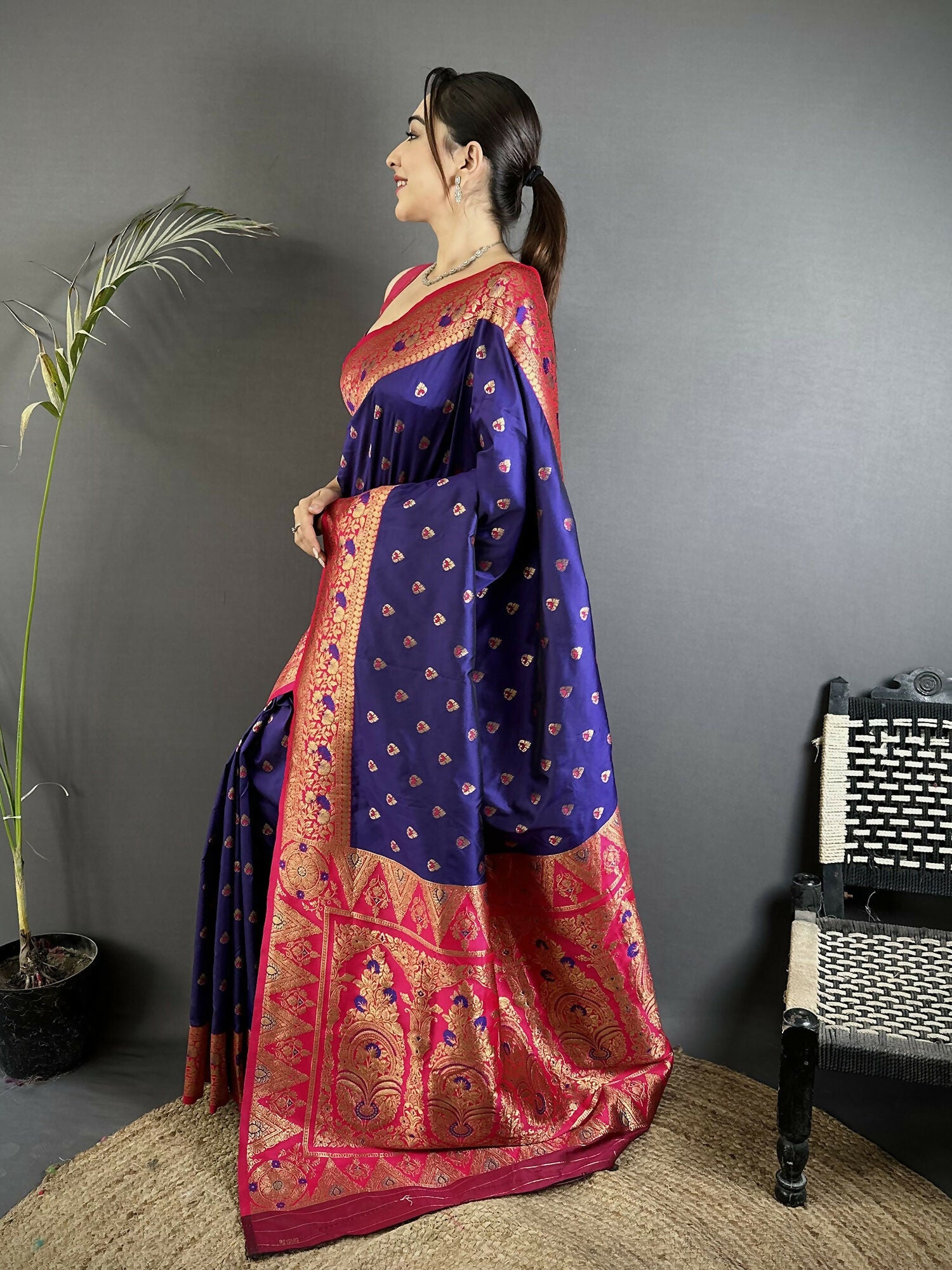Joban Fashion Royal Blue Intricate Motifs Soft Silk Banarasi Saree | Grocsy