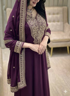 Teeya Creation Wine Color Faux Georgette Embroidery Work Long Party Wear Gown | Grocsy