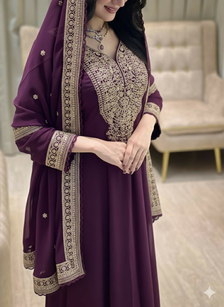Teeya Creation Wine Color Faux Georgette Embroidery Work Long Party Wear Gown | Grocsy