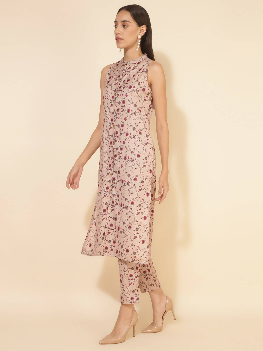 Janasya Women's Beige Moss Digital Floral Printed Casual Straight Co-ords | Grocsy