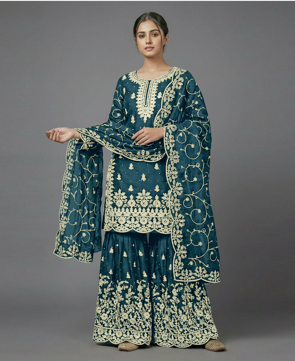 Teeya Creation Womens New Trendy Pure Gmy Silk With Heavy Embroidery Sequence Work Teal Kurta Set | Grocsy