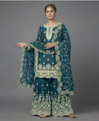 Teeya Creation Womens New Trendy Pure Gmy Silk With Heavy Embroidery Sequence Work Teal Kurta Set | Grocsy