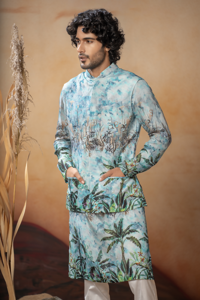 Palm Trees Relaxed Hues Printed Silk Nehru Jacket Set by Hilo Design | Grocsy