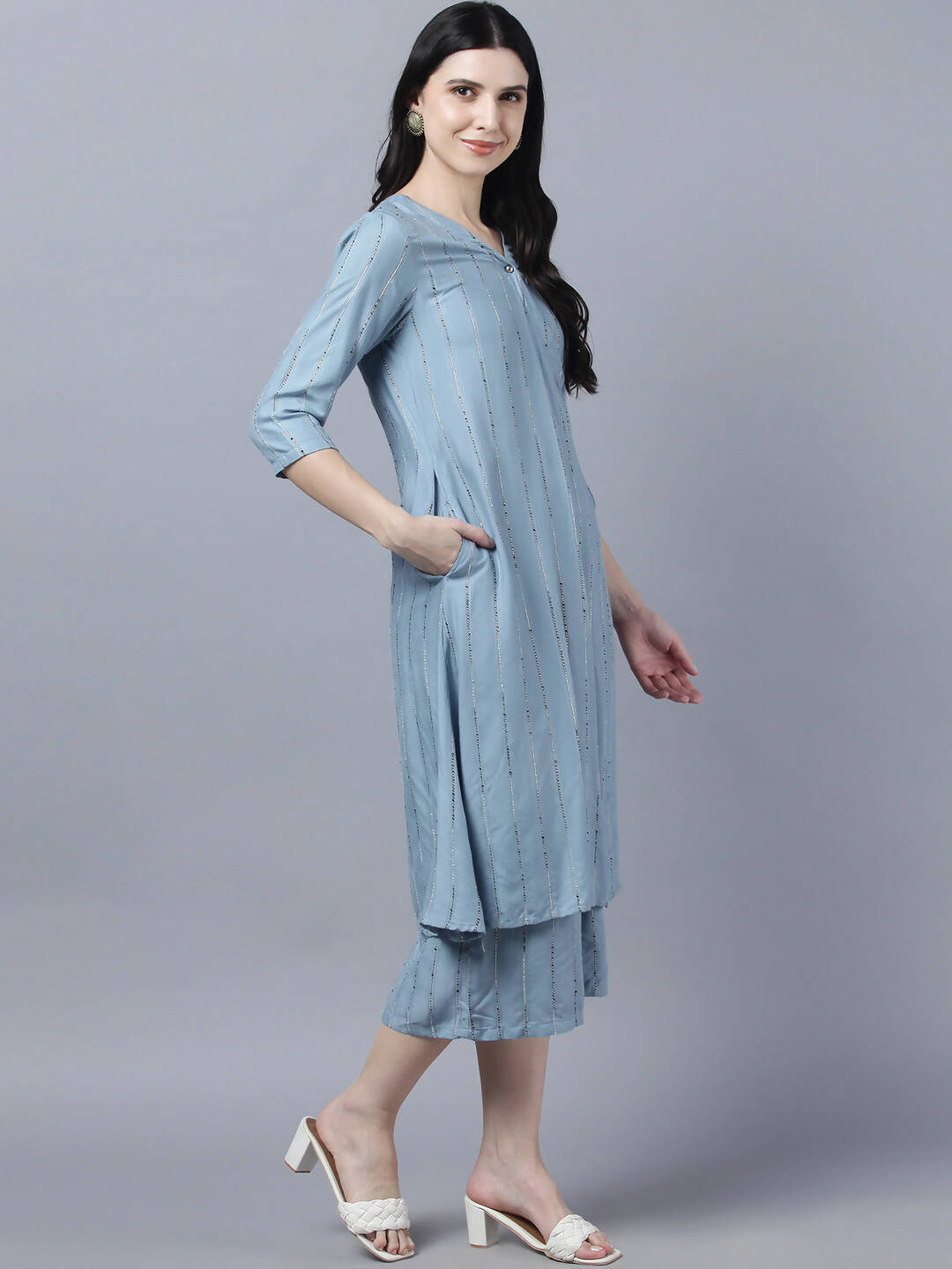Myshka Stylish Grey Viscose 3/4 Sleeve Women's Kurta Palazzo Set | Grocsy