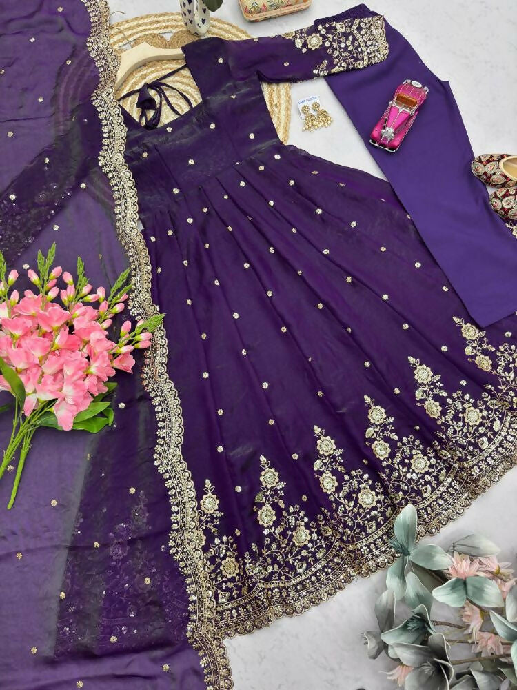 Teeya Creation Womens New Latest Trendy Elegant Dark Blue Embroidered Anarkali Suit Set with Scalloped Dupatta | Grocsy