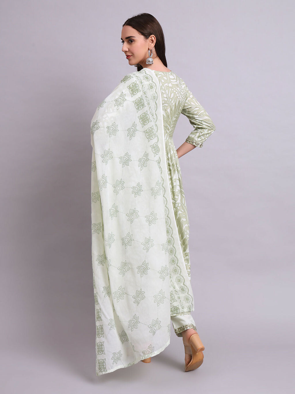 Joban Fashion Green Cotton Floral Printed & Embroidery Work Anarkali Kurta With Trousers & Dupatta Set | Grocsy