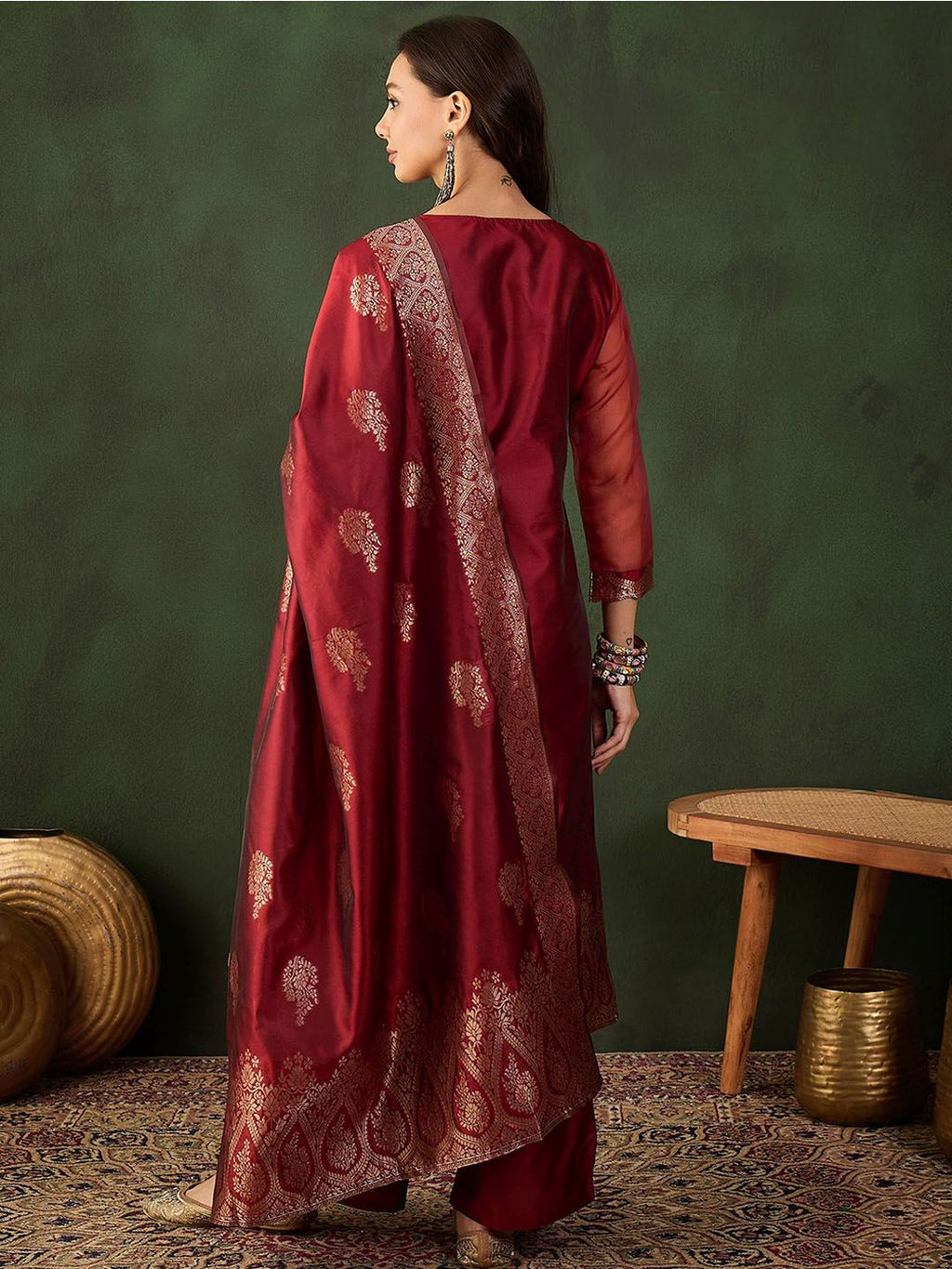 Sangria Woven Design Kurta & Palazzo With Dupatta | Grocsy