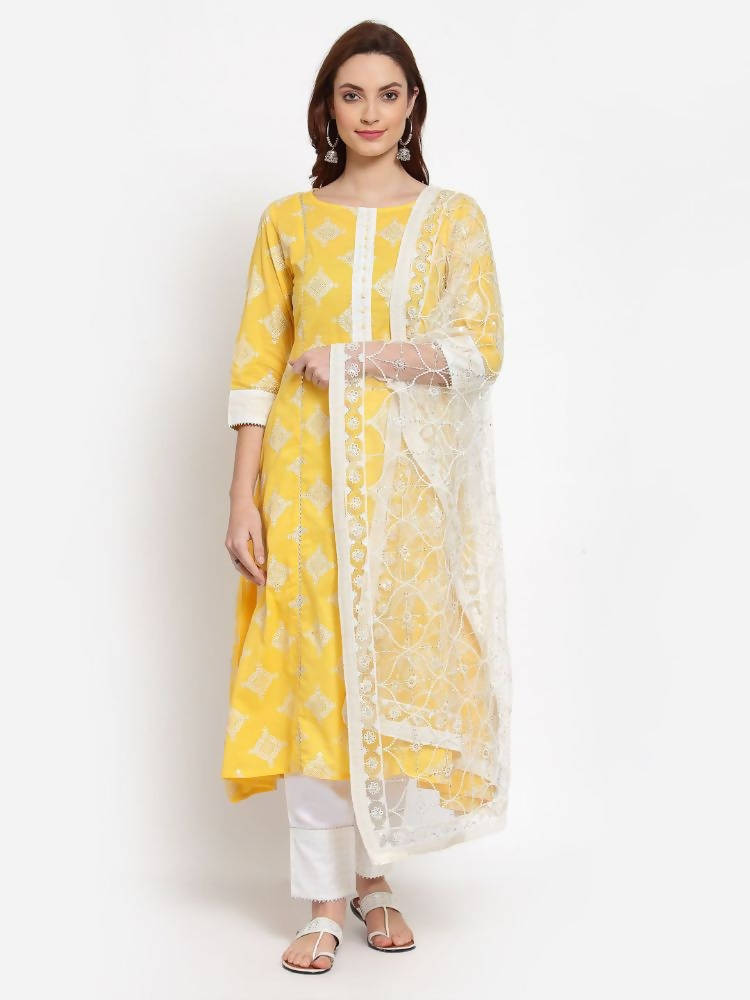 Myshka Women's Yellow Printed Cotton 3/4 Sleeve Round Neck Casual Kurta Pant Dupatta Set | Grocsy