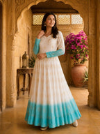 Teeya Creation Sky Blue and White Gradient Anarkali Gown with Gold Floral Motifs | Grocsy