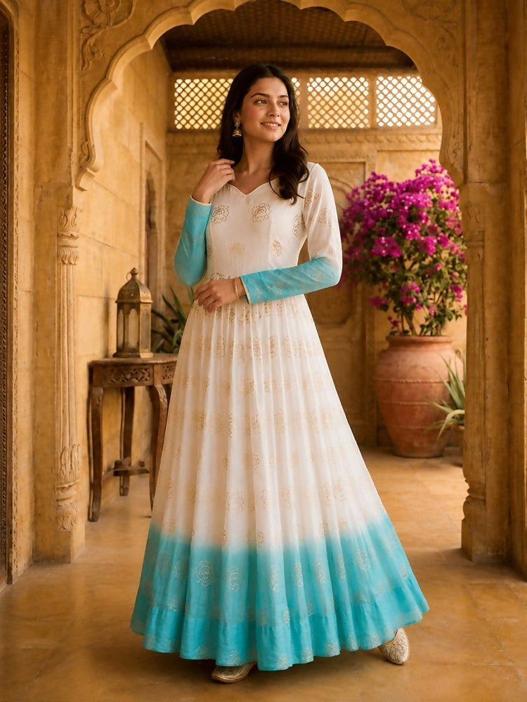 Teeya Creation Sky Blue and White Gradient Anarkali Gown with Gold Floral Motifs | Grocsy