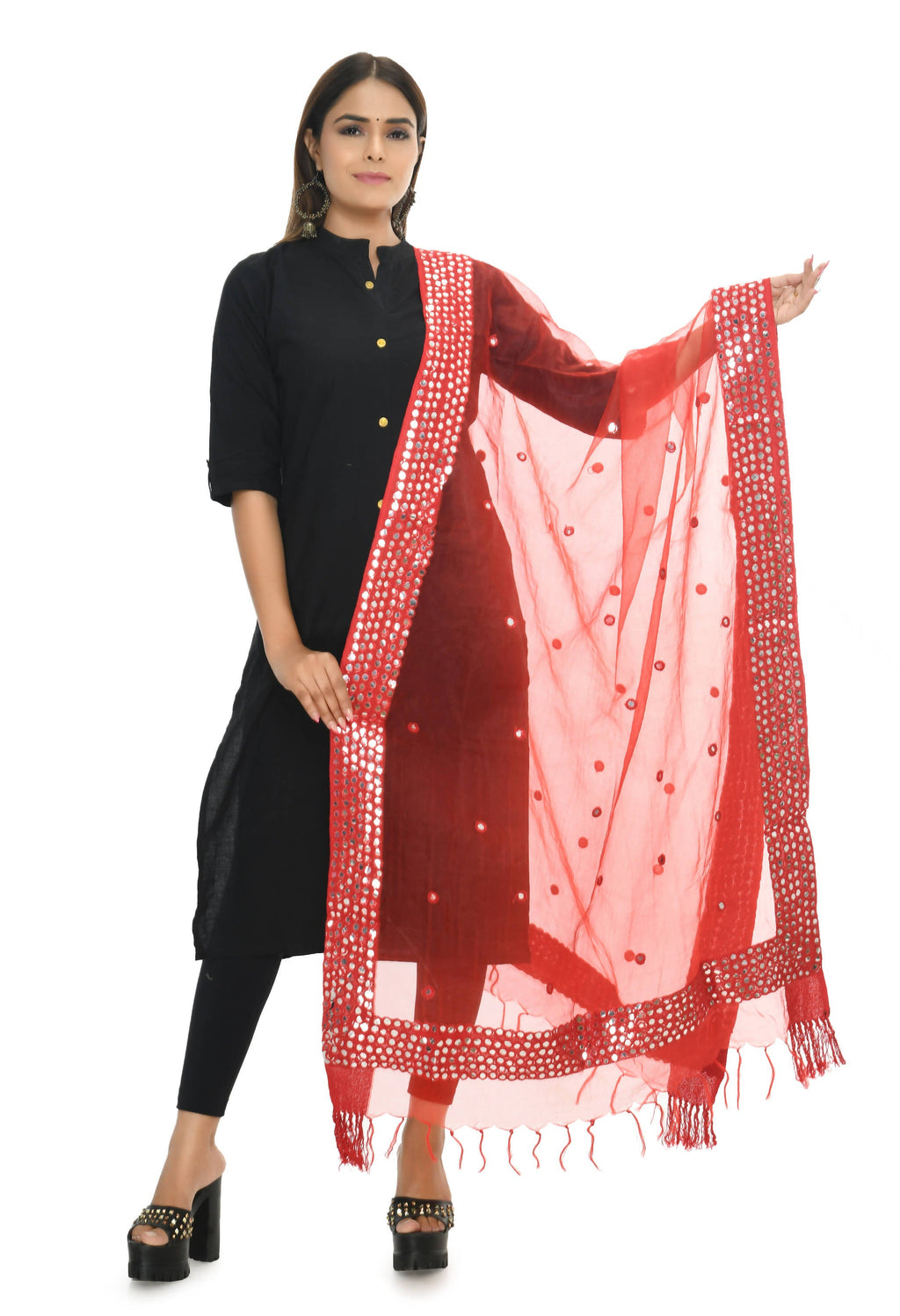 Mominos Fashion Moeza 6 Line Mirror Border Red Dupatta | Grocsy