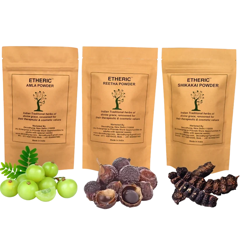 Etheric Amla Reetha Shikakai Powder Combo – Organic Herbal Hair Wash & Hair Growth | Grocsy