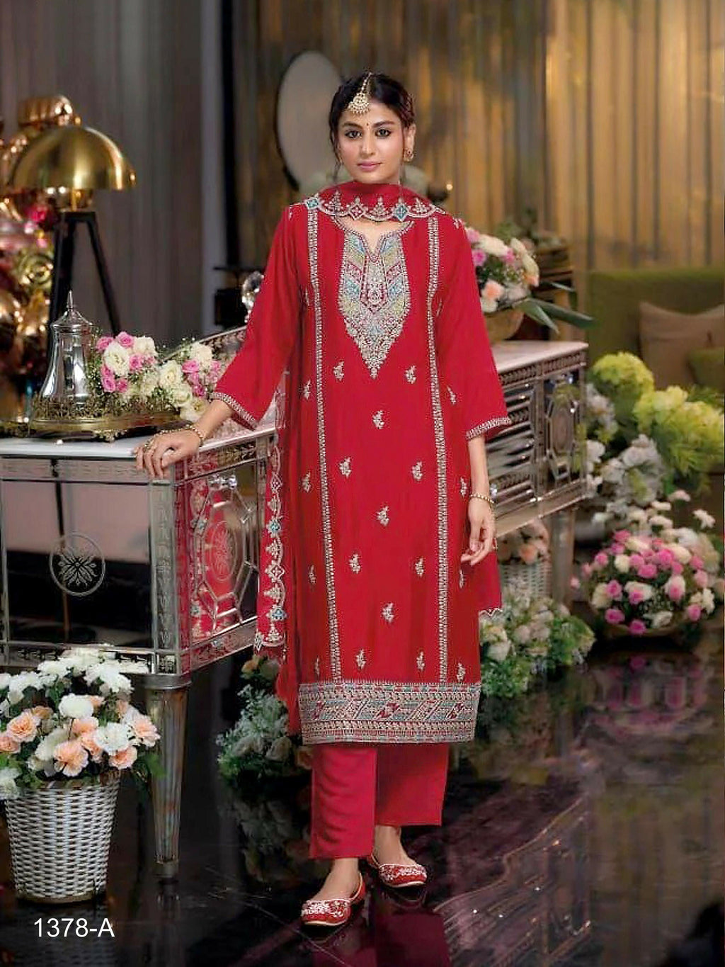 Anaita Red Heavy Chinon Readymade Suit with Embroidery & Sequence Work | Grocsy