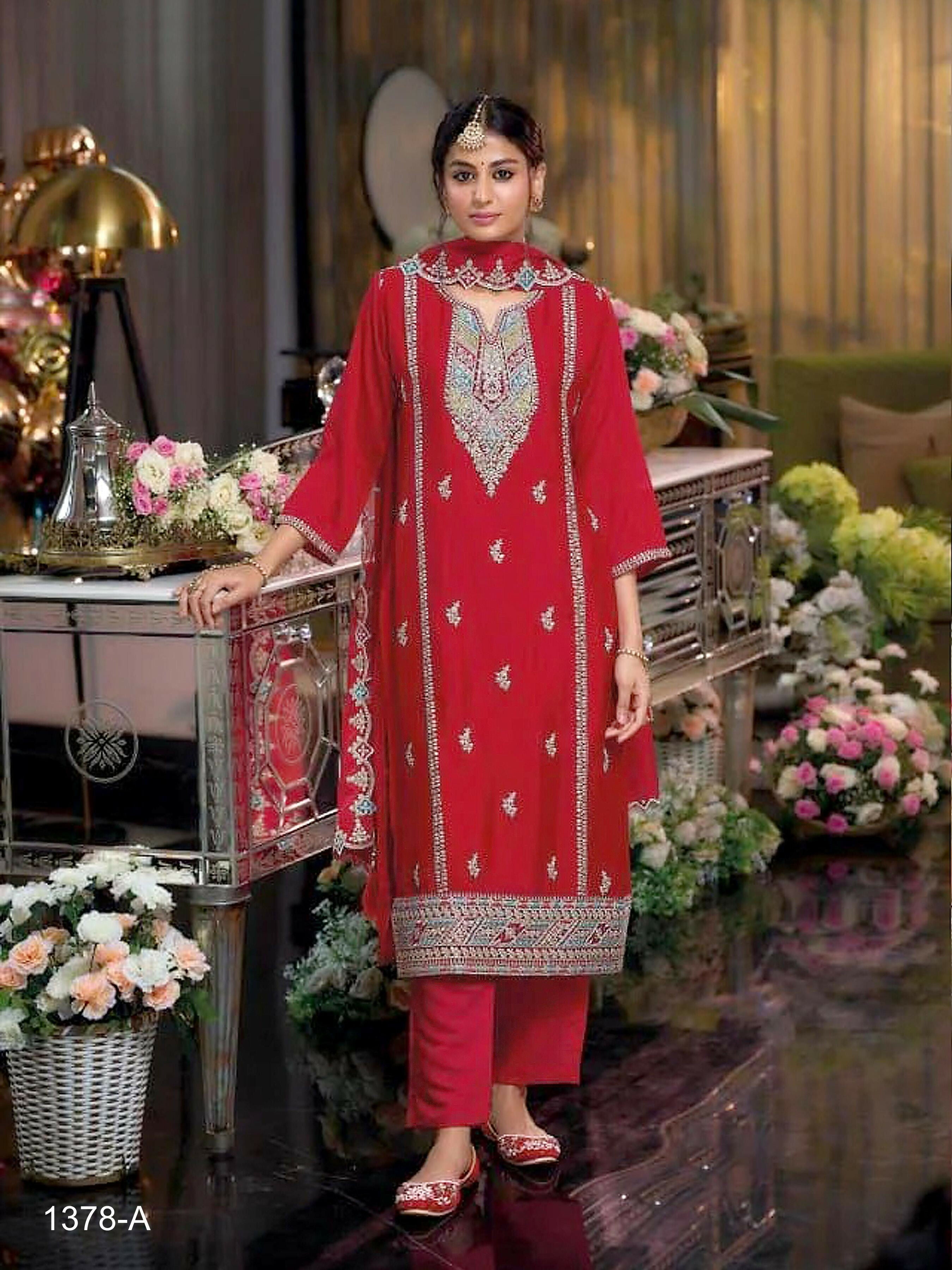 Anaita Red Heavy Chinon Readymade Suit with Embroidery & Sequence Work | Grocsy