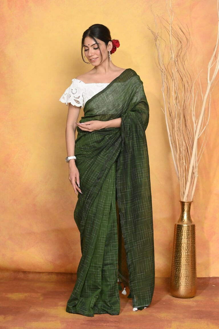 Very Much Indian Mul Cotton Khadi Design Handloom Woven Saree - Green | Grocsy
