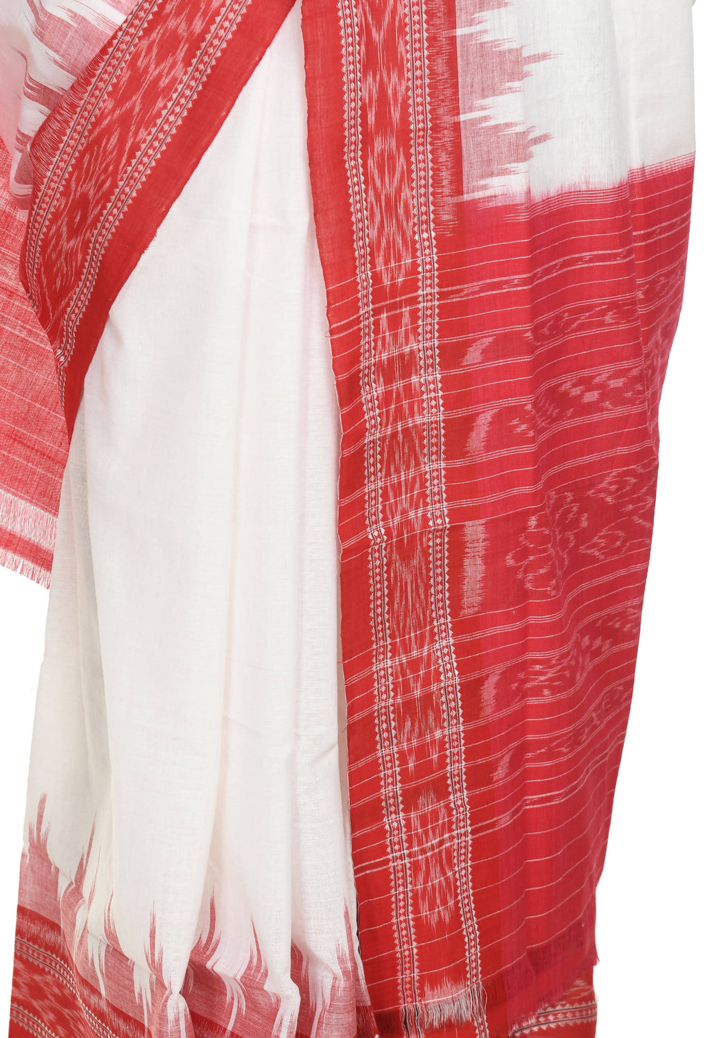 Vamika Sambalpuri Ikat Cotton Plane Kumbha White & Red Saree | Grocsy