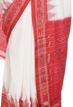 Vamika Sambalpuri Ikat Cotton Plane Kumbha White & Red Saree | Grocsy