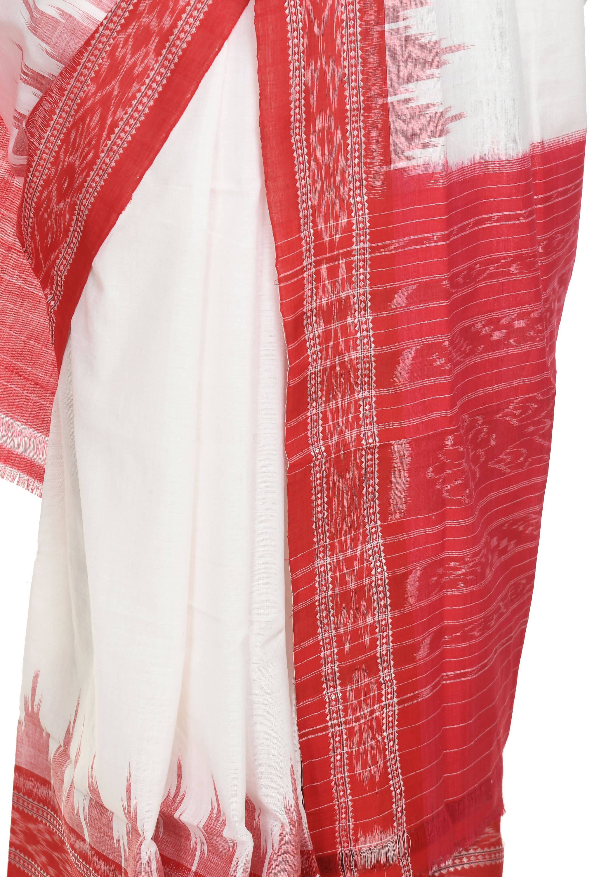 Vamika Sambalpuri Ikat Cotton Plane Kumbha White & Red Saree | Grocsy