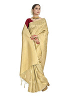 Vardha Women's Beige Kanchipuram Raw Silk Saree With Unstitched Blouse Piece | Grocsy