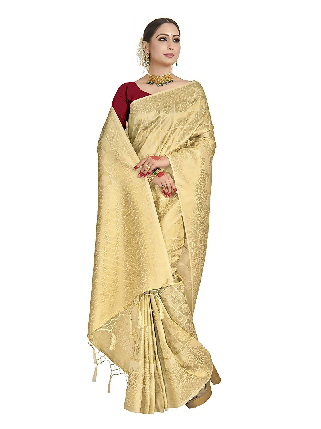 Vardha Women's Beige Kanchipuram Raw Silk Saree With Unstitched Blouse Piece | Grocsy