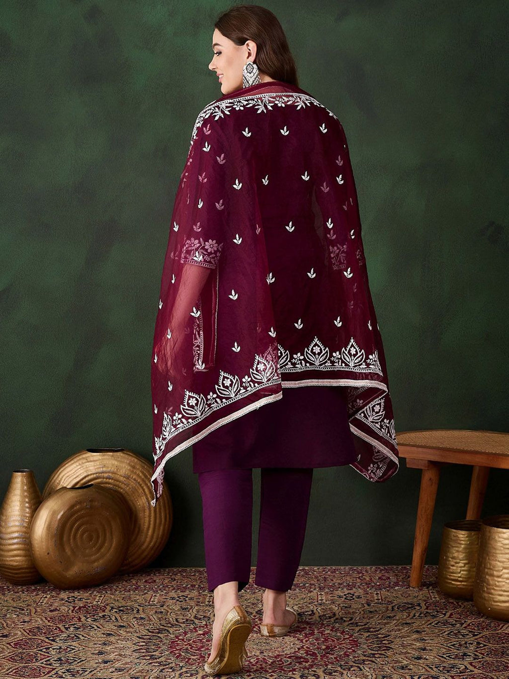 Sangria Purple Floral Embroidered Thread Work Pure Cotton Kurta & Trouser With Dupatta | Grocsy