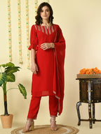 Myshka Women's Red Georgette Kurta & Trousers With Dupatta Party Sets | Grocsy
