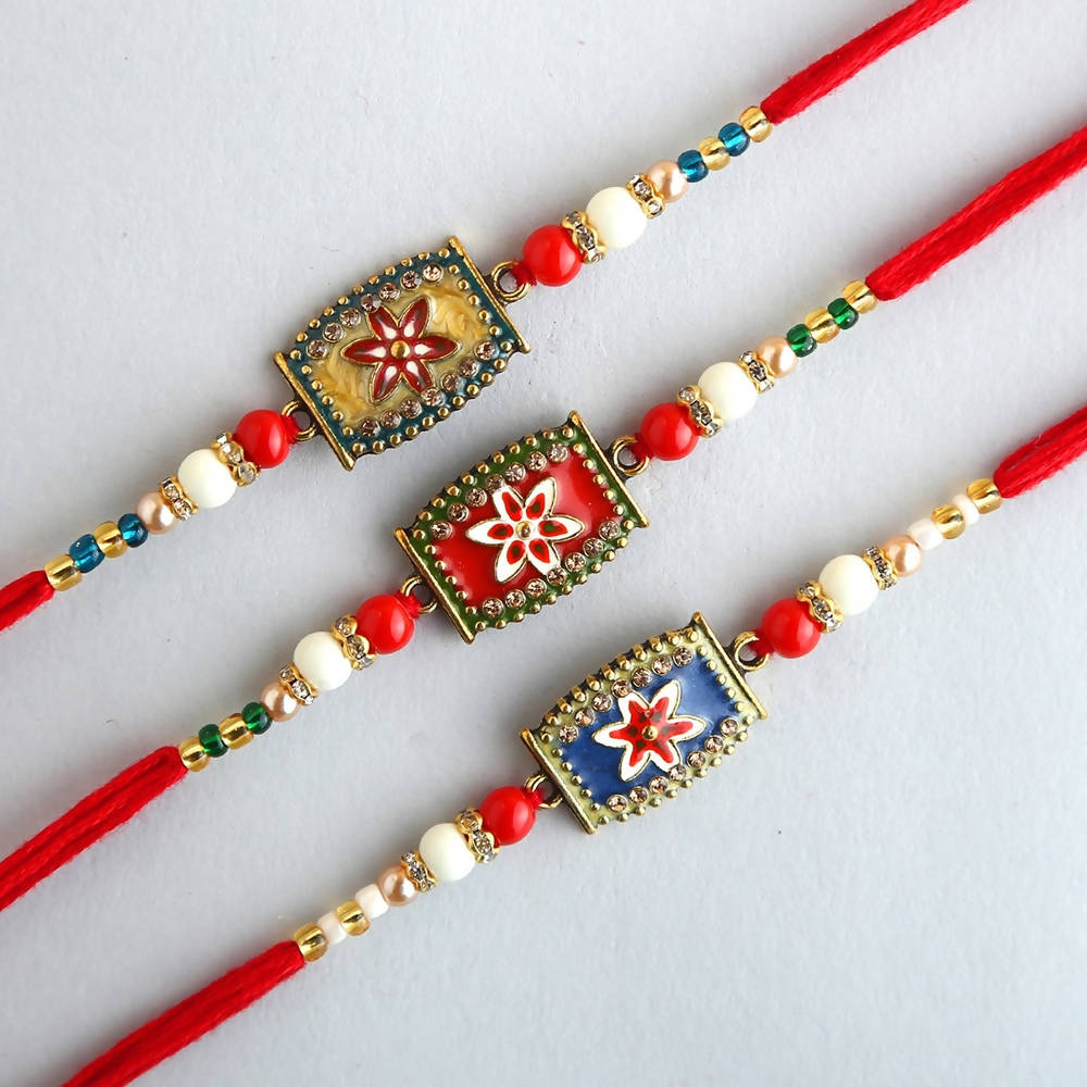 Set of 3 Meenakari Rakhi With Dry Fruits & Gulab Jamun | Grocsy