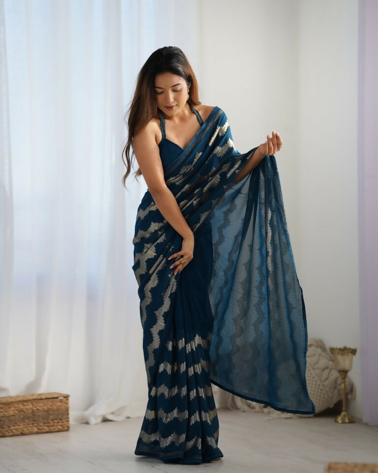 Petrol Georgette Sequance Embroidery Work Border Saree - Sitare | Grocsy
