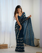Petrol Georgette Sequance Embroidery Work Border Saree - Sitare | Grocsy
