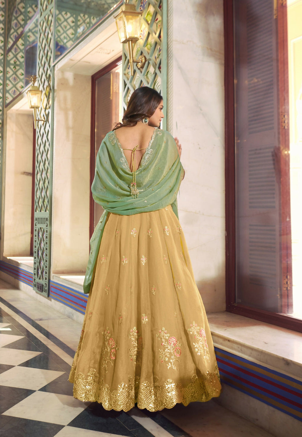 Lorenvalley Fashion Yellow NC Moss Silk Sequins and Thread Embroidery Work Lehenga Choli with Dupatta | Grocsy
