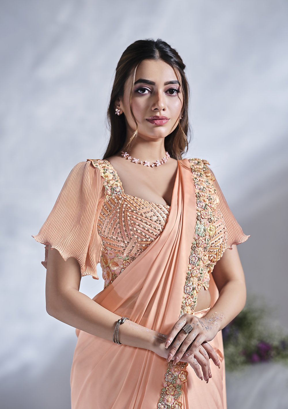 Peach Crepe Satin Silk Designer Ready to wear saree with stithced Blouse - Mohmanthan Aura | Grocsy