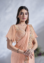 Peach Crepe Satin Silk Designer Ready to wear saree with stithced Blouse - Mohmanthan Aura | Grocsy