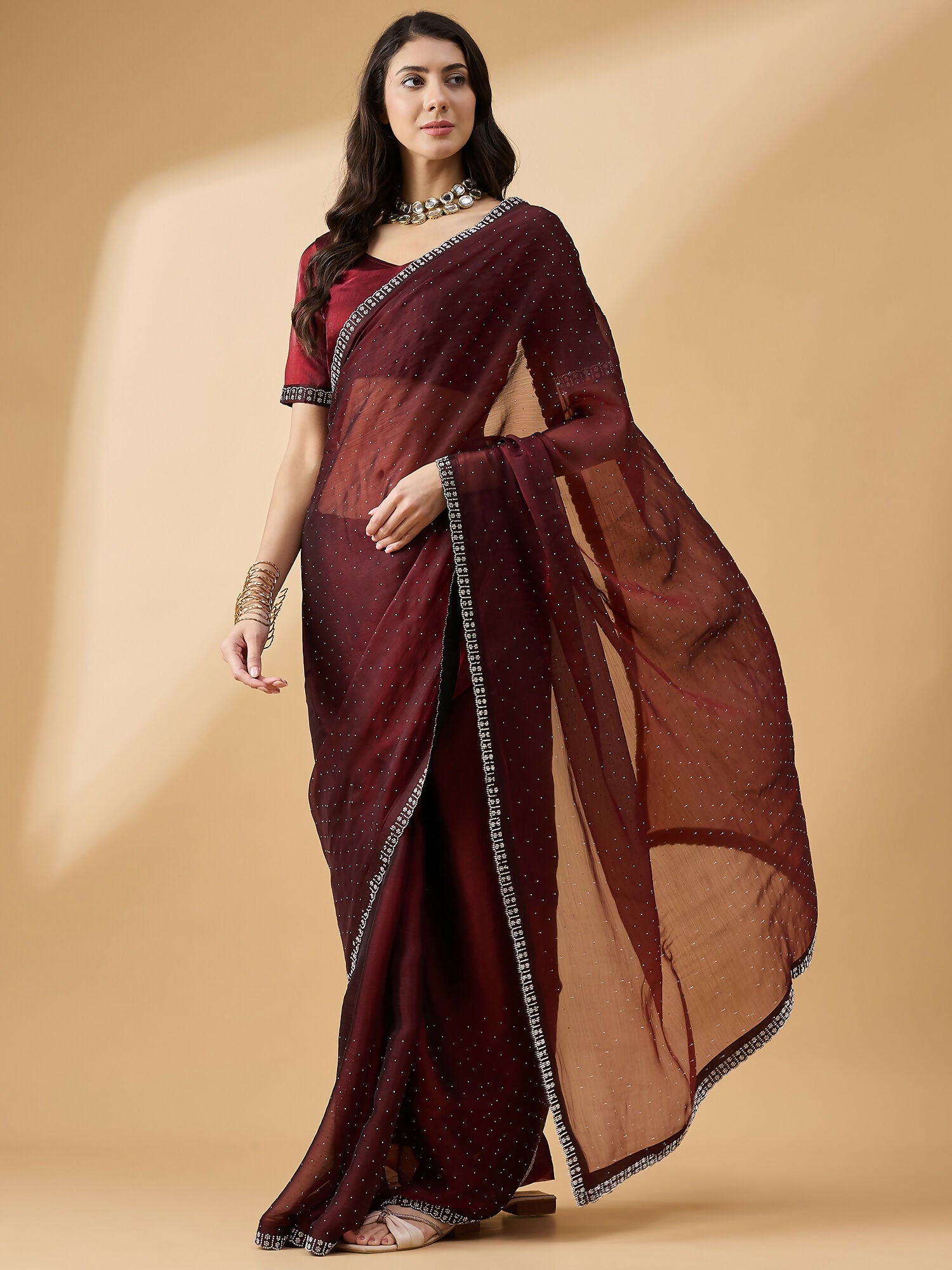 Brown Organza Swaroski Diamond Work Saree with Unstitched Blouse - Radha | Grocsy