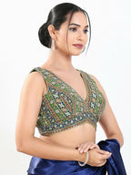 Joban Fashion Green Multi Georgette Padded Blouse With V Neck Sleeveless | Grocsy