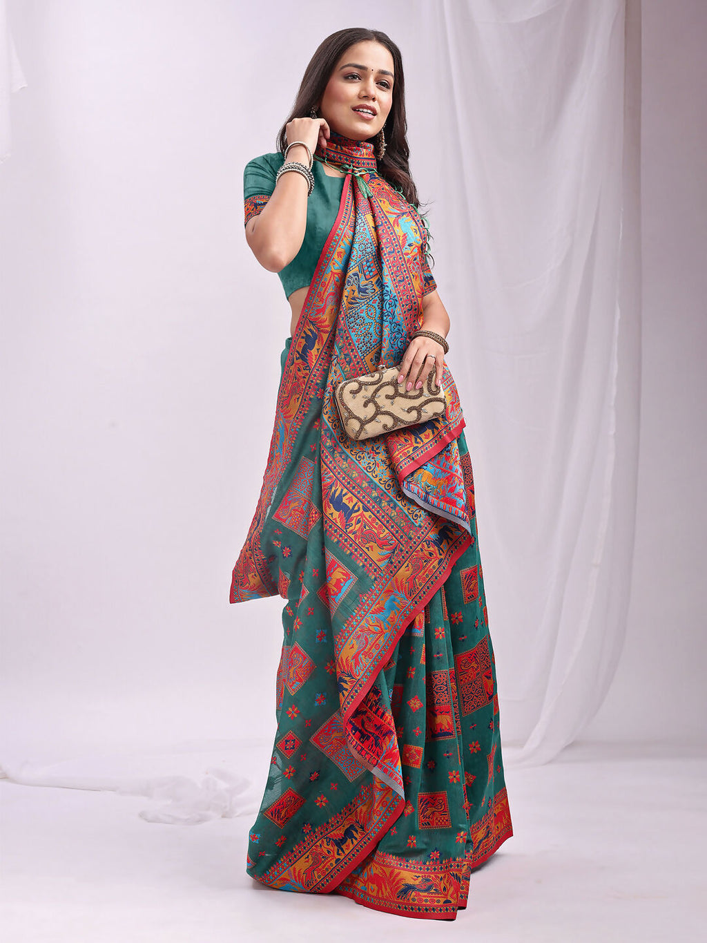 Shree Shyam Fashion Vastraloom Rama Green Linen Cotton Saree | Grocsy