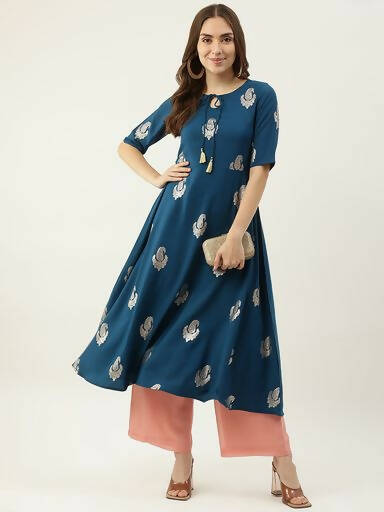 FIORRA Women's Blue Poly Crepe Flared Kurta | Grocsy