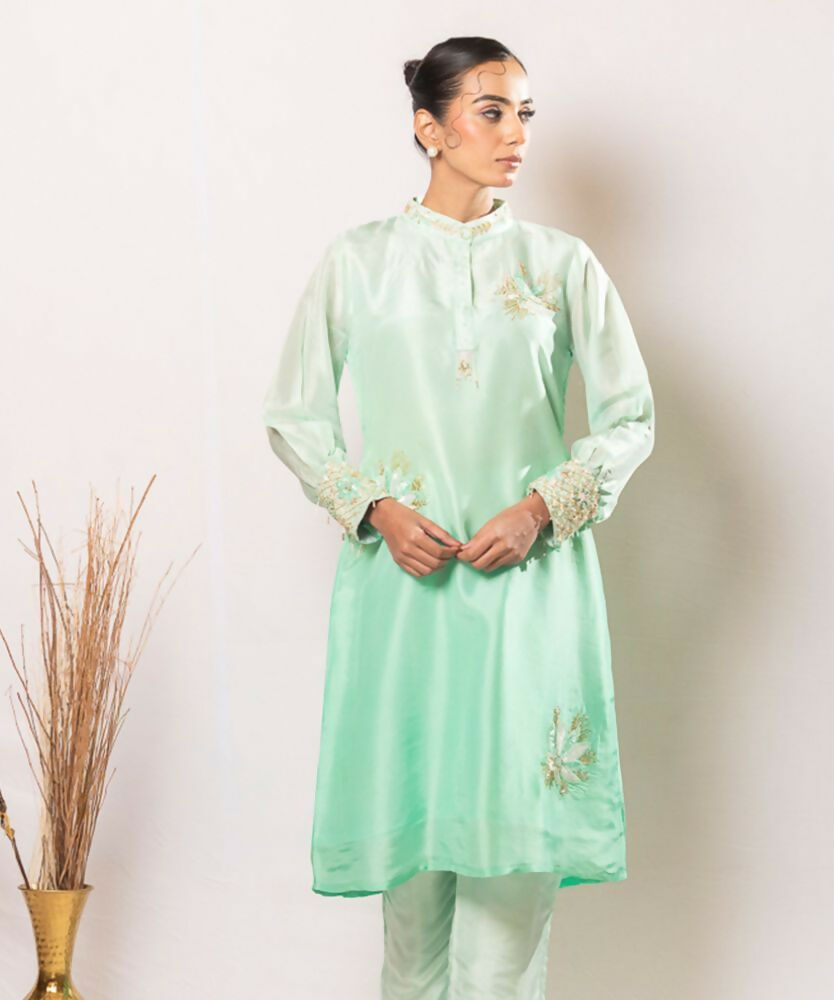 Timaraa Mint Whisper – Aari Zardosi Silk Co-Ord Set | Grocsy
