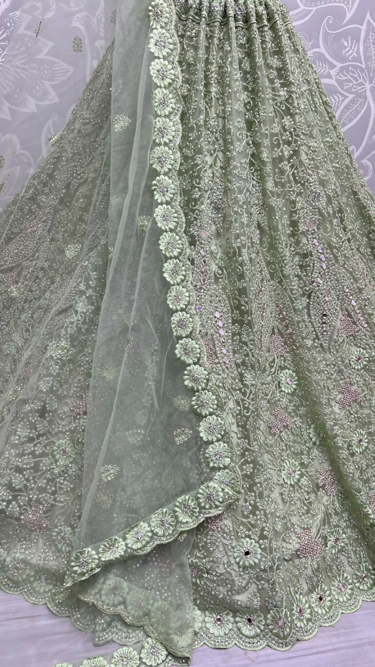 Jyoti Fashion Women's Pista Green Bridal Net Fancy Dori, Multi Thread, Hand Mirror and Diamond Work Wedding Lehenga Choli | Grocsy