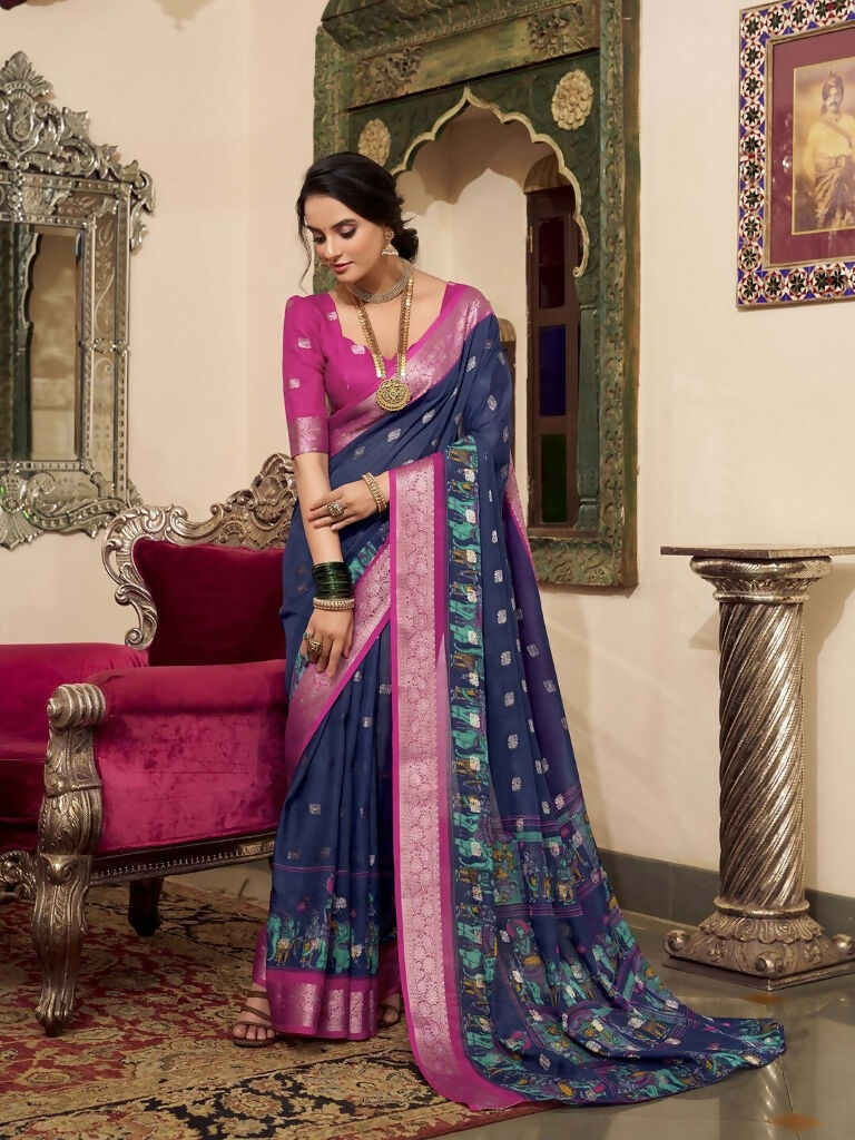 Vastranavya Navy Blue Poly Cotton Kalamkari Printed Saree with Unstitched Blouse | Grocsy