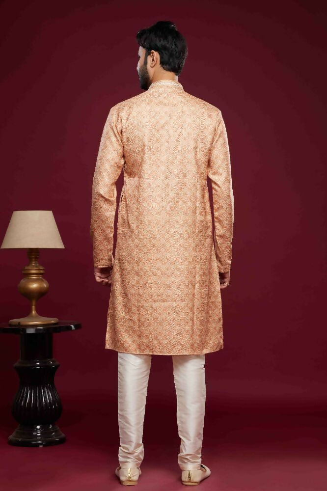 Raivat Ethnic Art Silk Digital Print Pintux Work Kurta Pajama In Peach Colour | Grocsy
