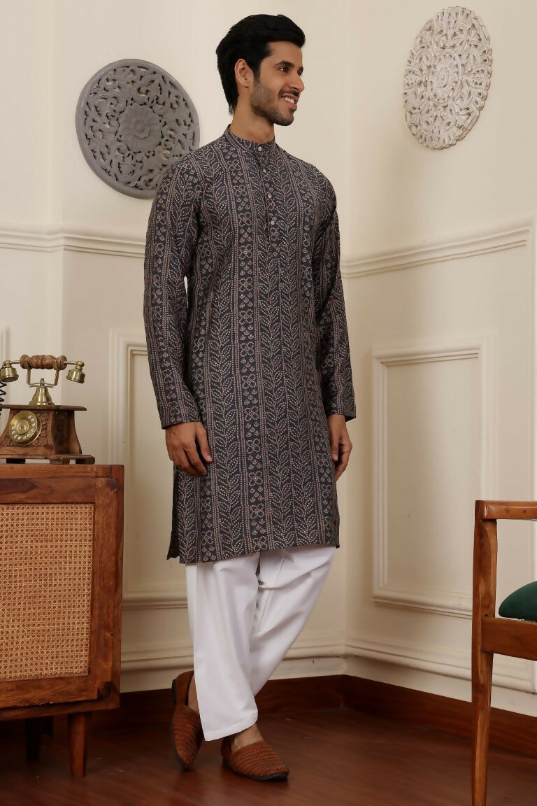 Blue Modal Silk Woven Designer Men's Rajwadi Kurta Set - Mahotsav | Grocsy
