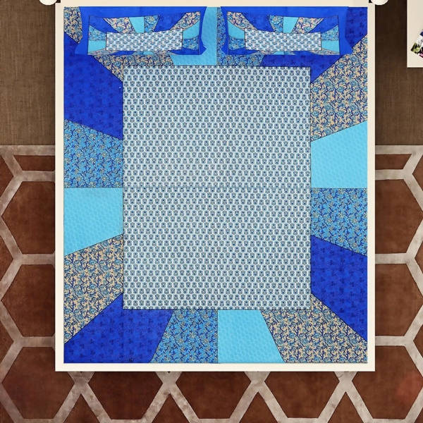 Vamika Printed Cotton Blue & Multicolor Bedsheet With Pillow Covers (LEOC_CHOK_B) | Grocsy