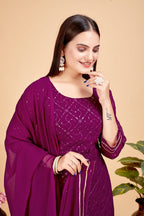 Women's A-Line Purple Kurta and Sharara With Dupatta Set - A2M | Grocsy