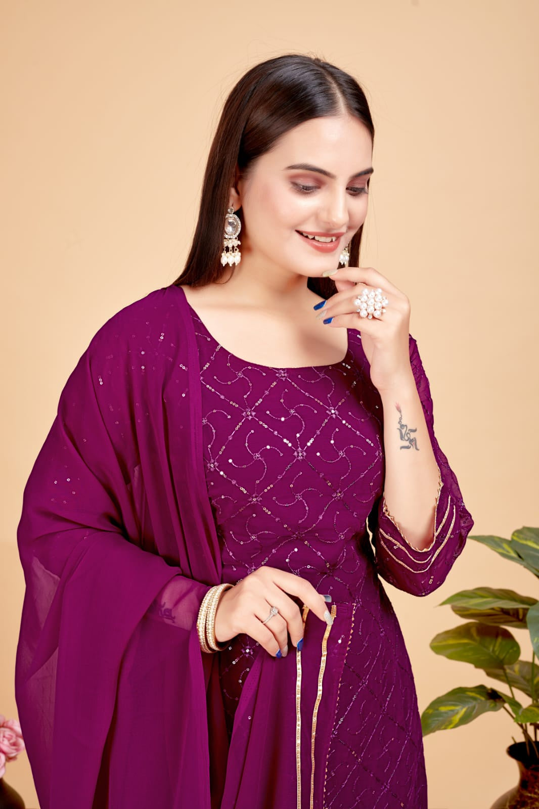 Women's A-Line Purple Kurta and Sharara With Dupatta Set - A2M | Grocsy